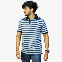 Men's Sky Blue Striped Polo Shirt | Classic Cotton Casual Wear